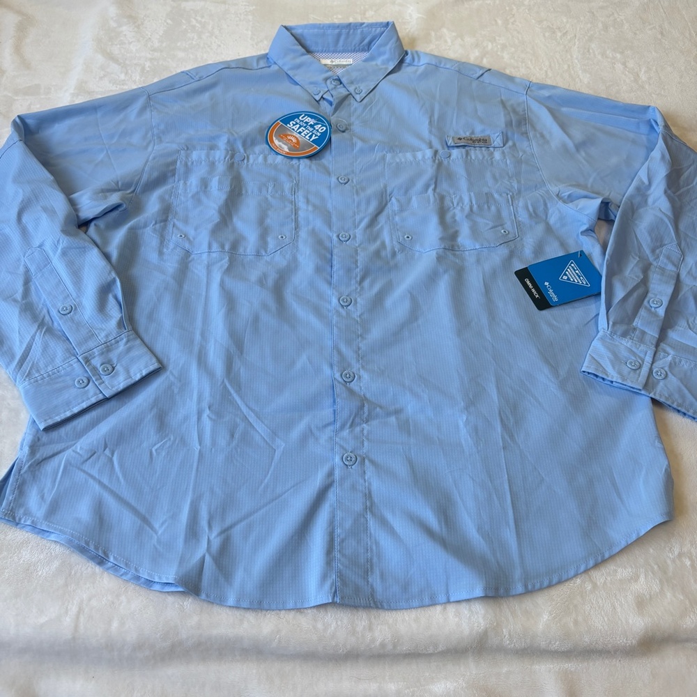 Columbia PFG Rip Stop Fishing Shirt Mens Size Large Lite Blue UPF-40 Omni-Shade